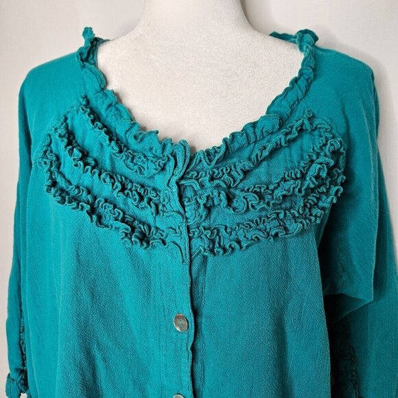 Oh My Gauze Teal Button-Down Top With Ruffle Detail 3/4 Sleeves Size 2 Large XL - Picture 2 of 8